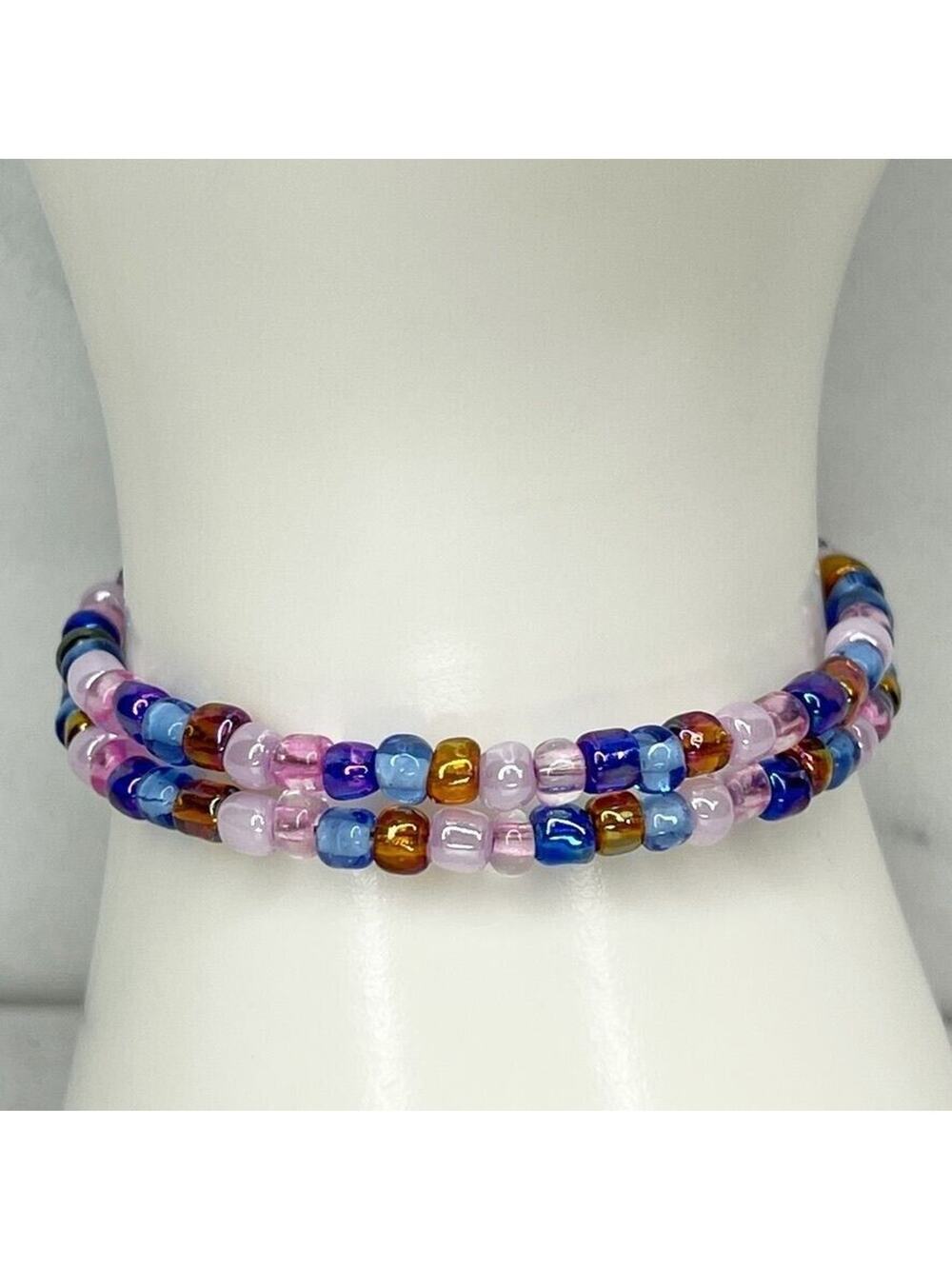 Pink and Blue Beaded Wire Wrap Bracelet